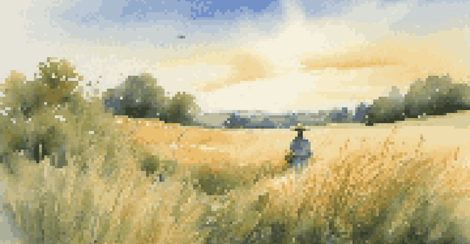 A person foraging for wild grains in a green field with sunlight and a basket of grains.