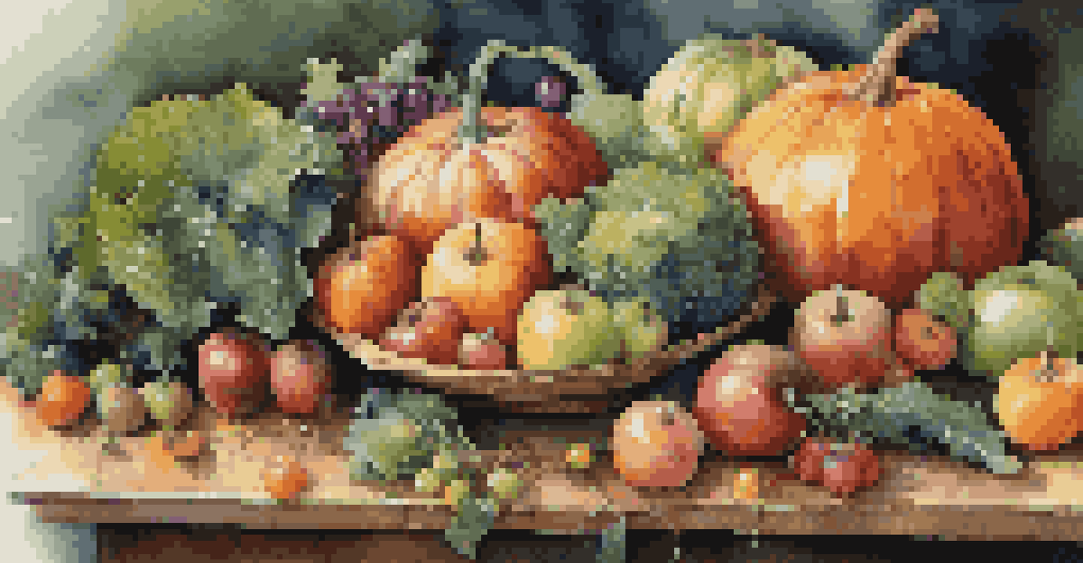 A close-up view of a rustic wooden table displaying seasonal fruits and vegetables with natural lighting.