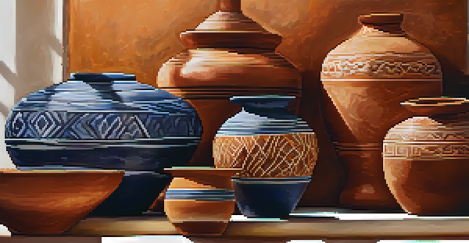 A detailed view of colorful earthenware pottery with intricate glazes and textures, set against a softly blurred background.