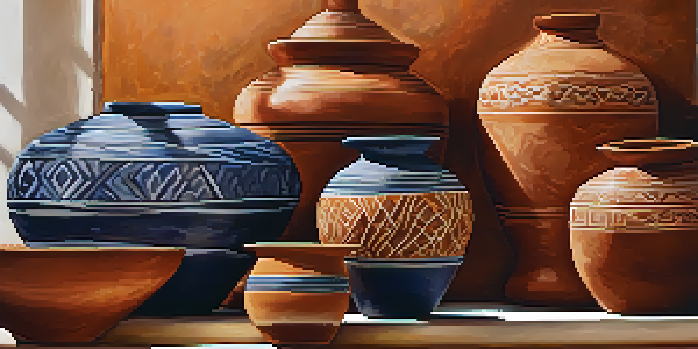 A detailed view of colorful earthenware pottery with intricate glazes and textures, set against a softly blurred background.