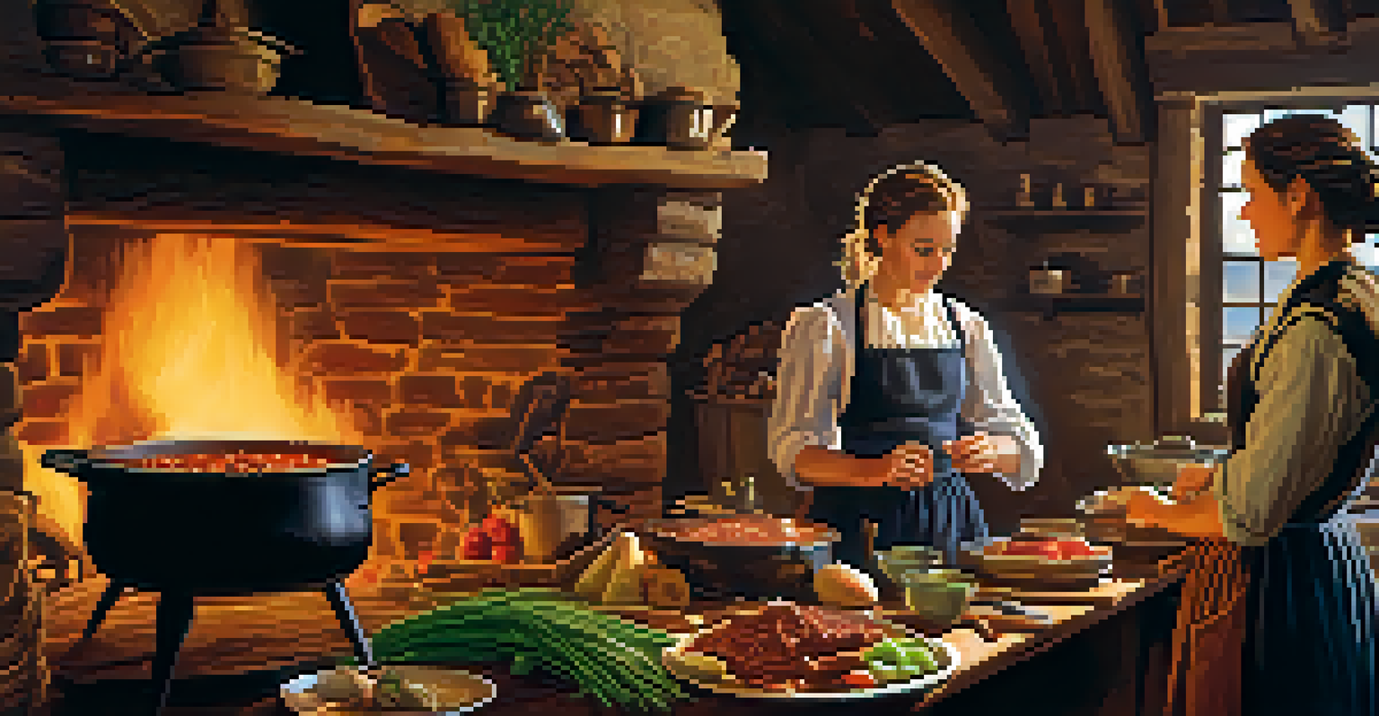 A rustic kitchen where women are cooking a beef stew, with fresh vegetables on a wooden table and a warm fire in the background.