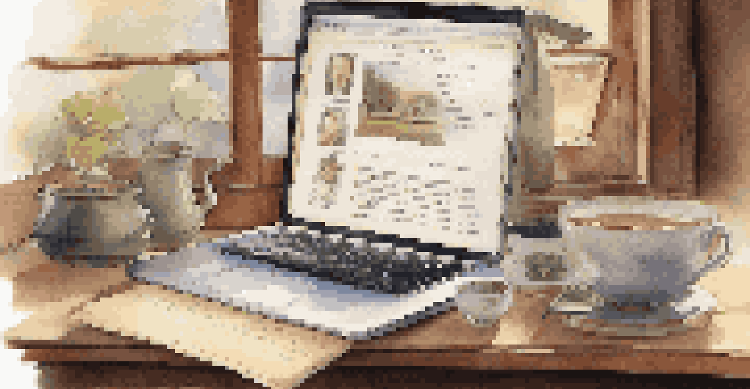 A laptop showing a genealogy website on a desk, surrounded by family photos, a notepad, and a cup of tea, illuminated by soft afternoon light.