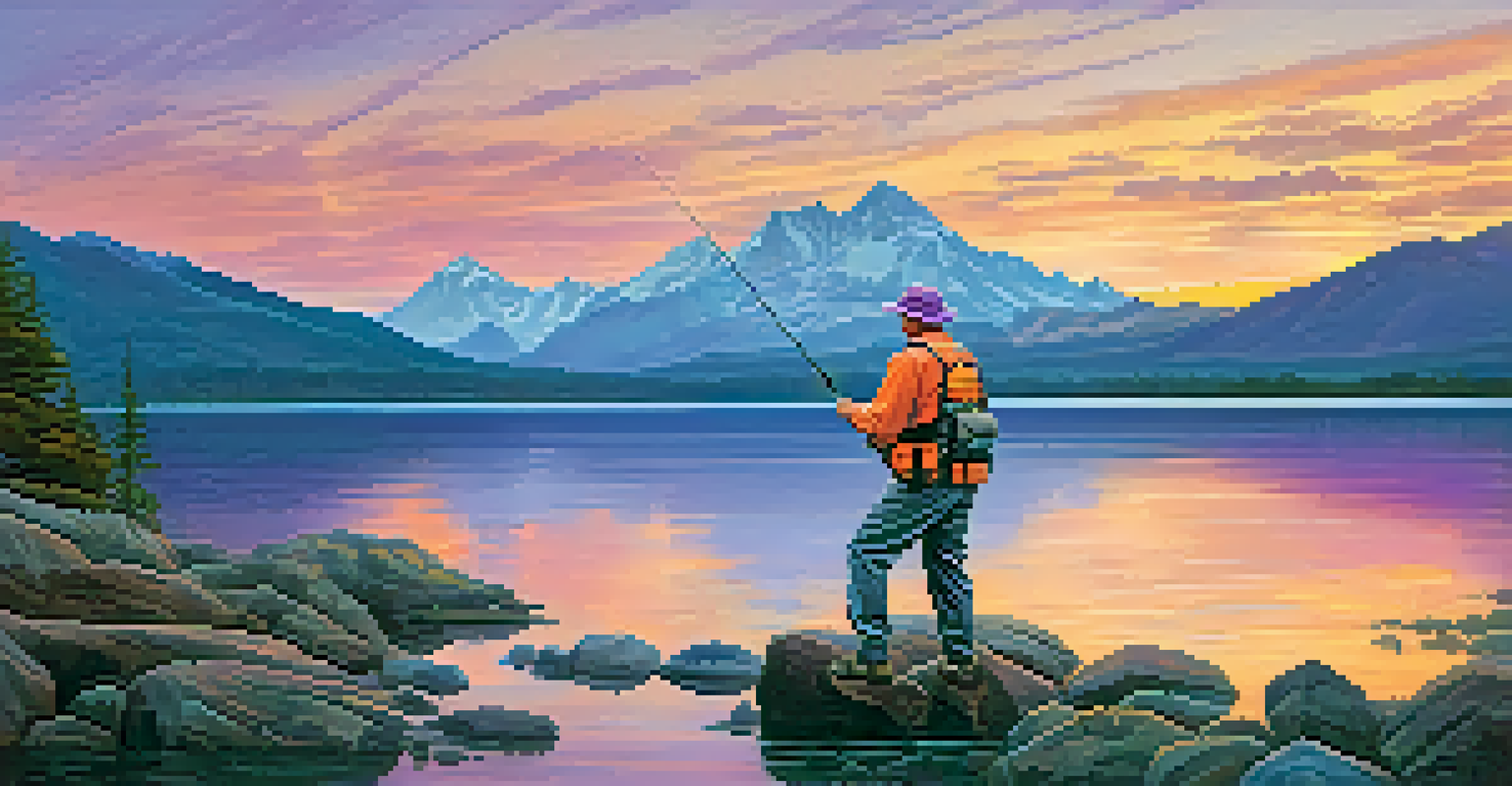An angler casting a fishing rod into a lake at sunset, with colorful skies and mountains in the distance.