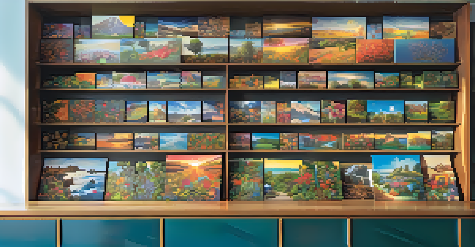 A colorful shelf displaying various jigsaw puzzle boxes with different themes, surrounded by small plants and illuminated by sunlight.