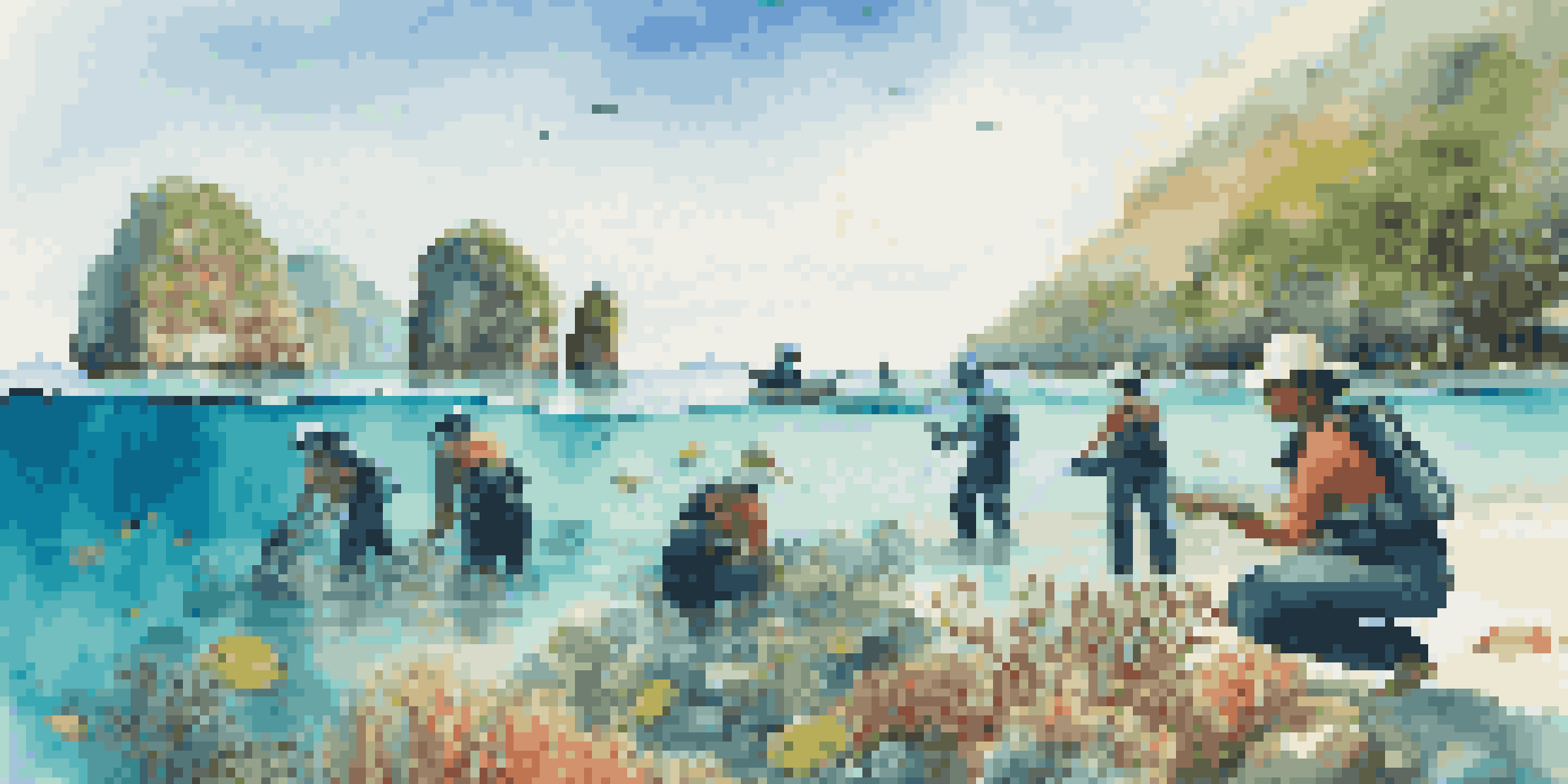 A group of volunteers participating in a marine conservation project, surrounded by clear turquoise water and colorful coral reefs.