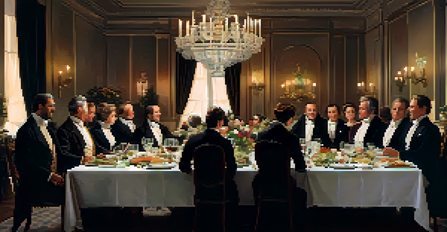 Guests at a historical banquet sharing stories over a beautifully decorated table with floral centerpieces and candlelight.