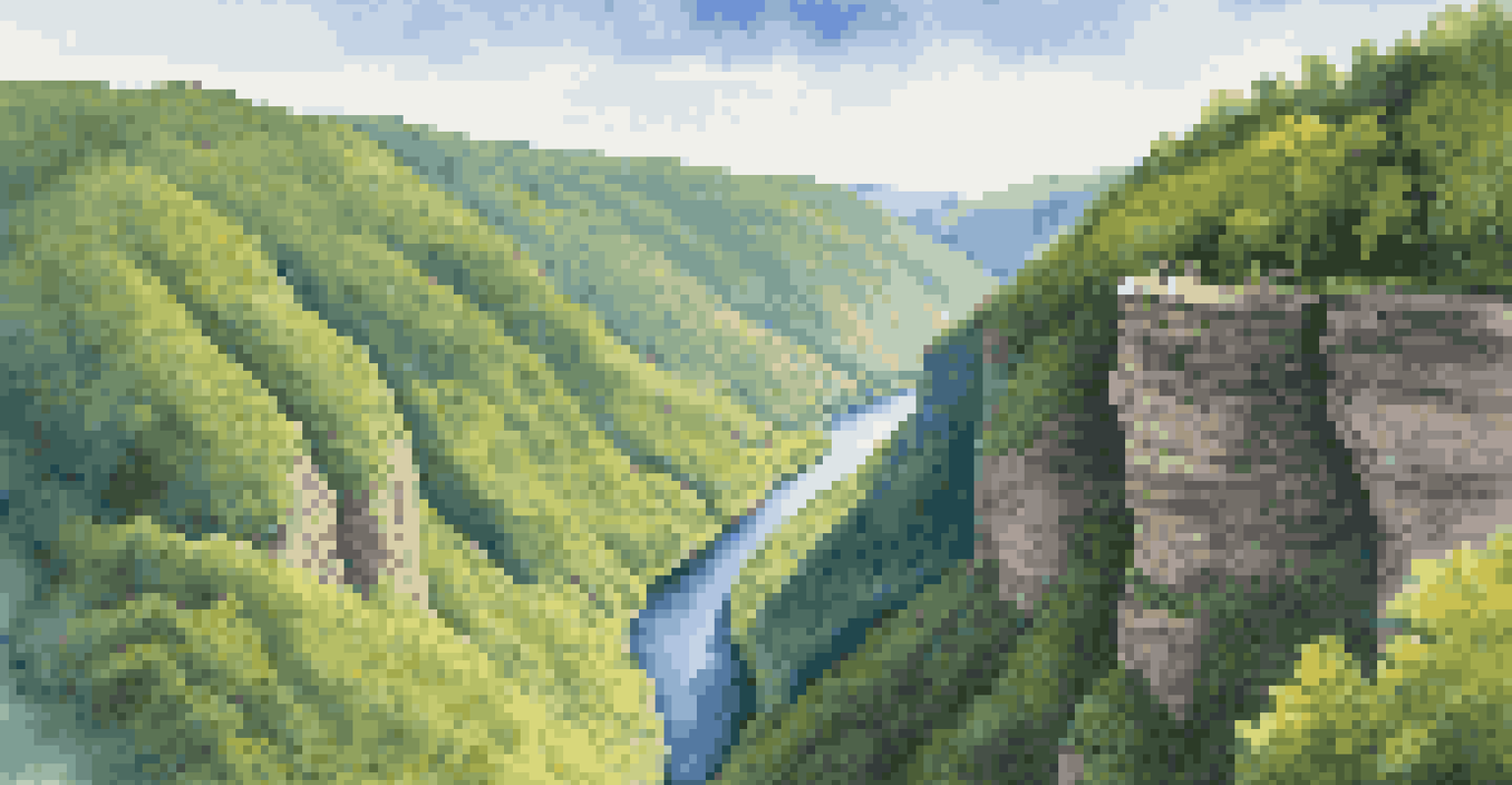 Aerial view of a gorge with steep cliffs and a river, featuring a climber on a rock face amidst a lush landscape.