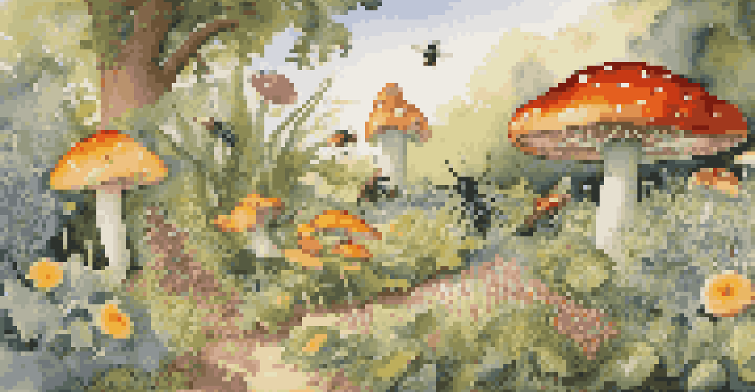 A colorful garden scene featuring beneficial insects and fungi, showing the natural balance of a healthy ecosystem.