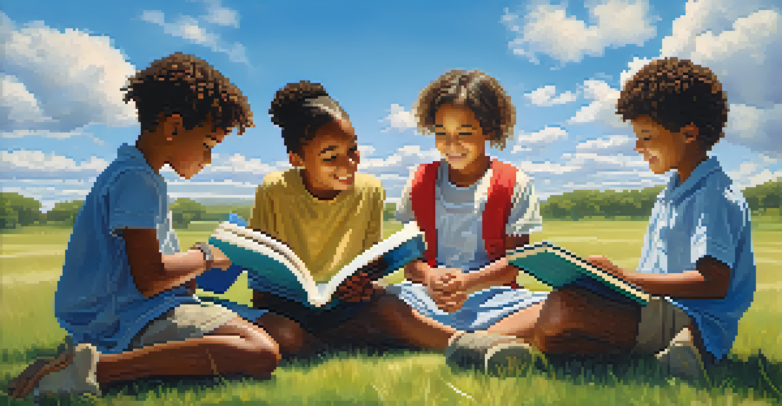 A diverse group of children sitting in a circle on grass, each with a book, discussing animatedly under a bright blue sky.