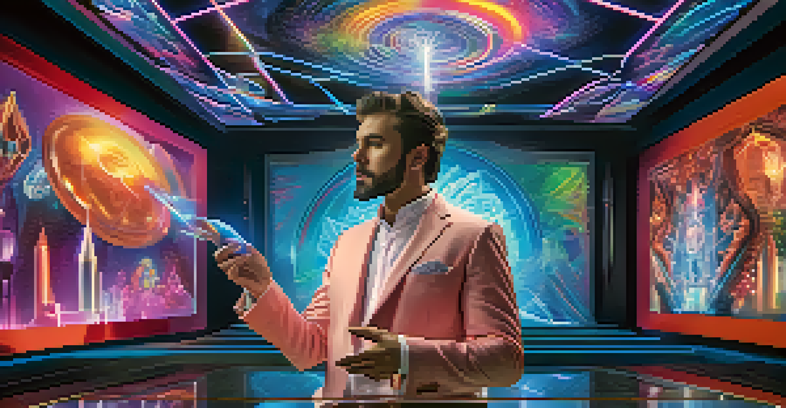 A modern magician performing a digital illusion with augmented reality, surrounded by holographic images and a high-tech stage.