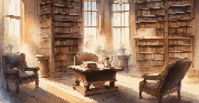 A quiet library with tall bookshelves and sunlight shining through windows, featuring a wooden table with an open book and a cup of tea.