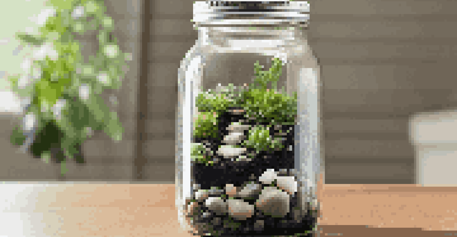 A close-up of a DIY terrarium inside a glass canning jar, featuring layers of pebbles, soil, and small plants under natural light.