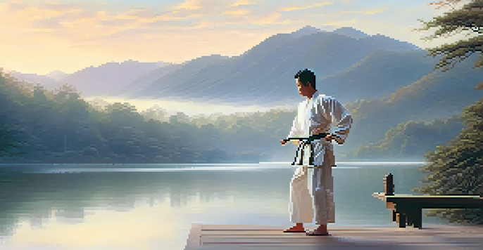 A martial artist in a white uniform practicing Tai Chi on a deck by a lake at dawn, surrounded by misty mountains and soft sunlight.