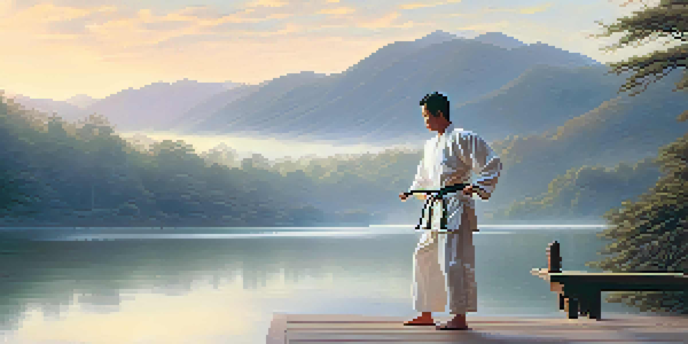 A martial artist in a white uniform practicing Tai Chi on a deck by a lake at dawn, surrounded by misty mountains and soft sunlight.