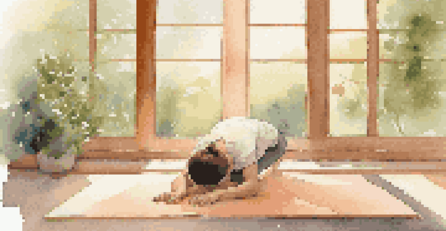 A person in Child's Pose on a yoga mat, surrounded by a peaceful natural setting.