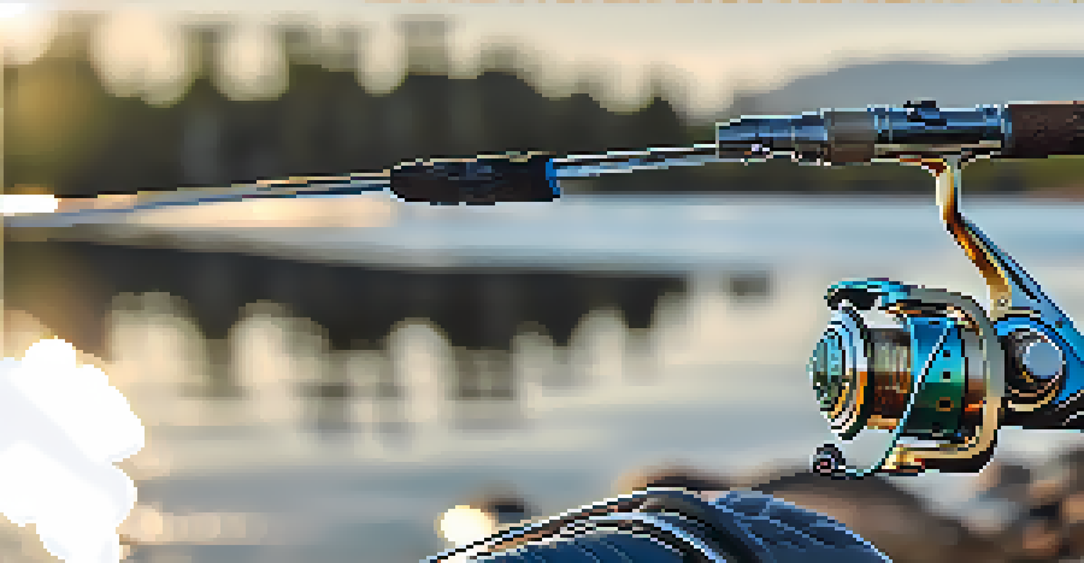 A close-up of a spinning fishing reel on a rod, with a serene lake and sunlight reflecting on the water in the background.