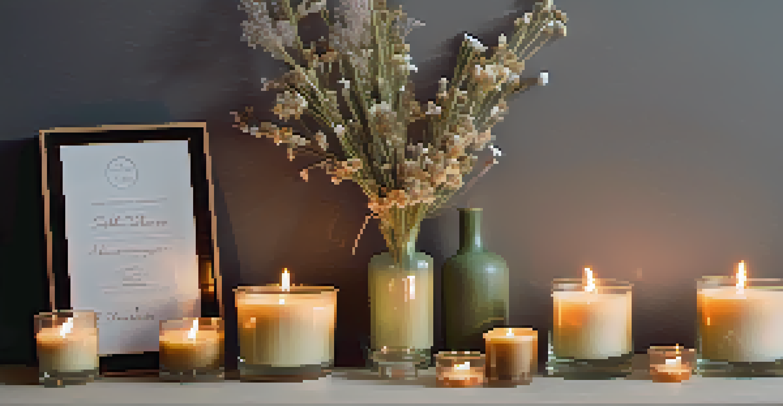 A close-up of colorful handmade candles displayed on a shelf with dried flowers.
