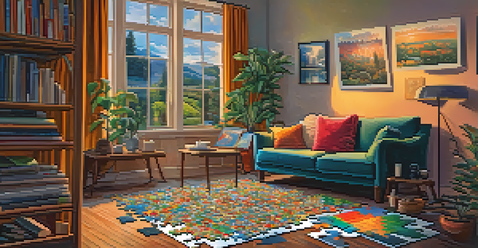 A person sitting on a sofa, focused on assembling a vibrant art puzzle in a cozy and well-lit room.