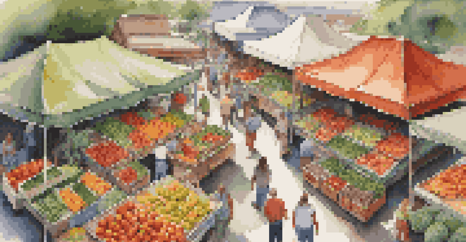 A vibrant farmer's market with colorful fruits and vegetables on display.
