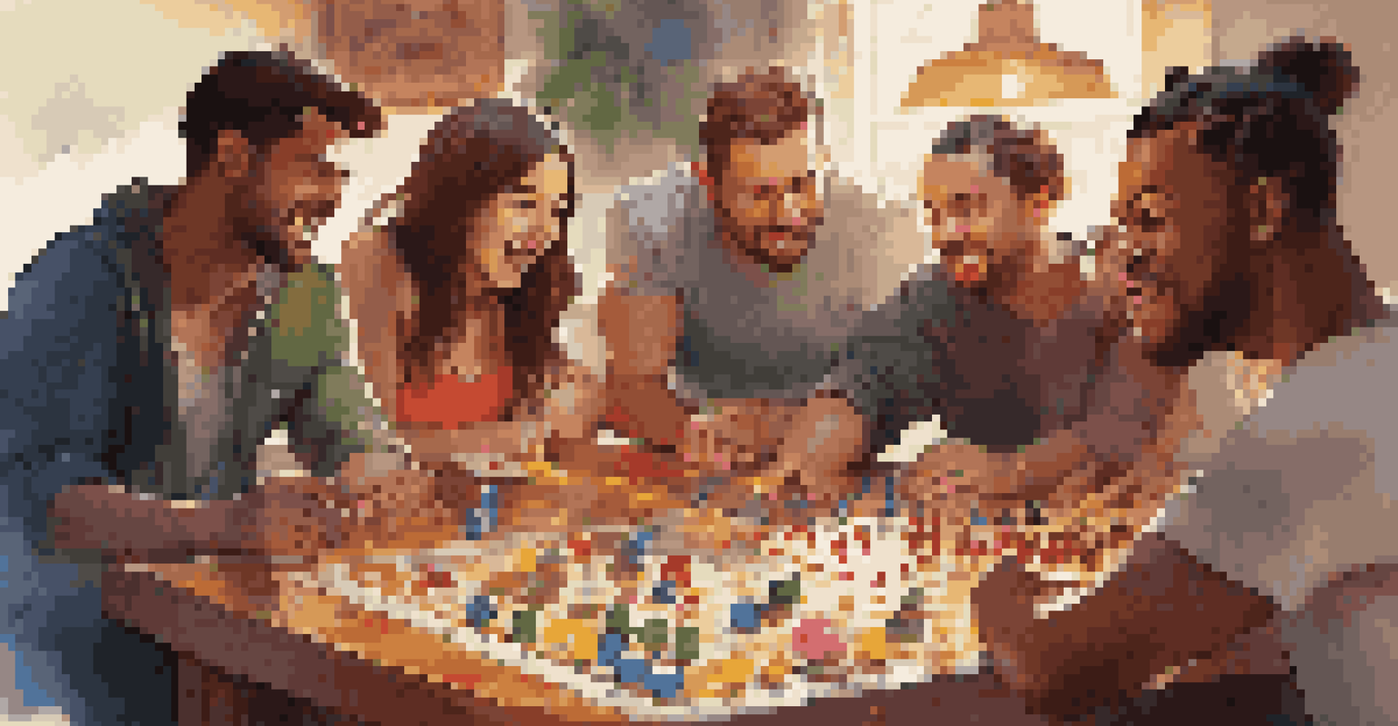 Close-up of friends engaged in a board game, showing game pieces, snacks, and drinks on the table.