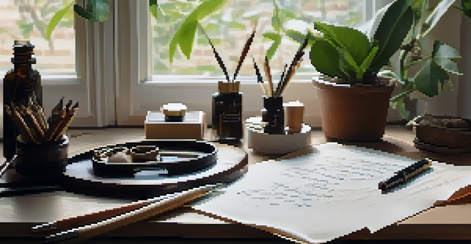A calligraphy workspace with wooden desk, dip pens, ink bottles, and practice paper, illuminated by natural light from a window.
