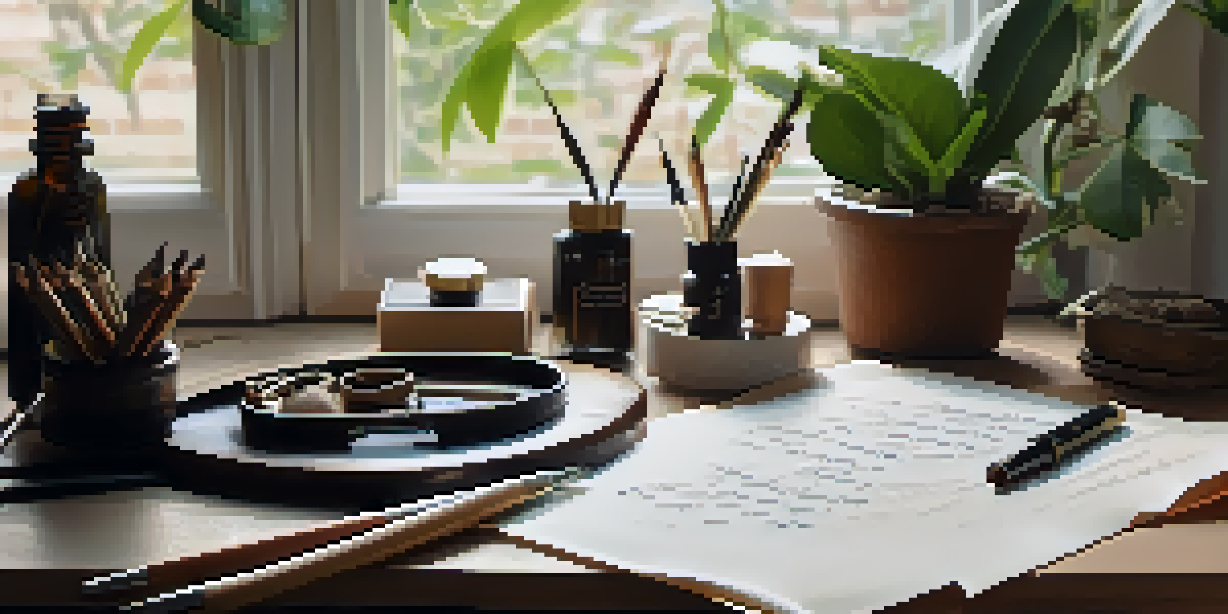 A calligraphy workspace with wooden desk, dip pens, ink bottles, and practice paper, illuminated by natural light from a window.