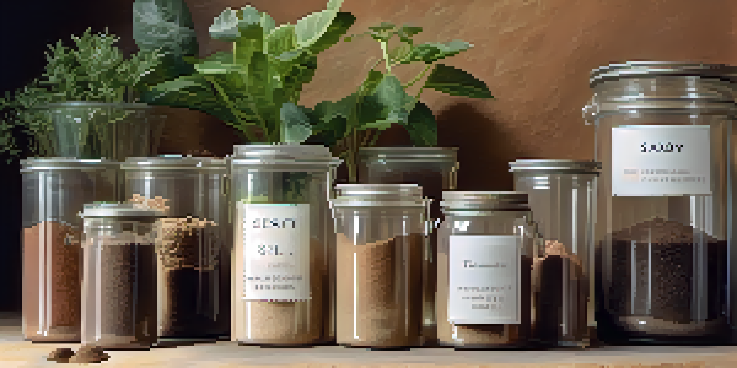 Close-up of different soil types in transparent containers with labels, set against a blurred garden background.