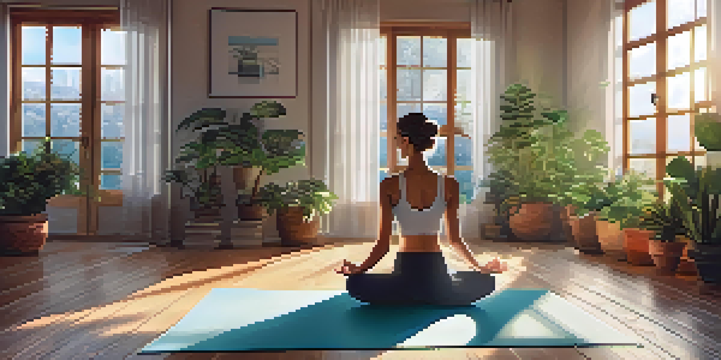 A person practicing yoga in a bright room with plants and candles, creating a calming environment.