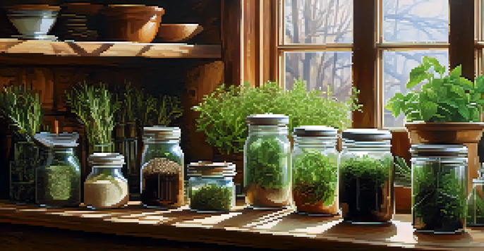 A rustic kitchen with a wooden table displaying glass jars filled with freshly harvested herbs like basil and rosemary, illuminated by sunlight from a window.