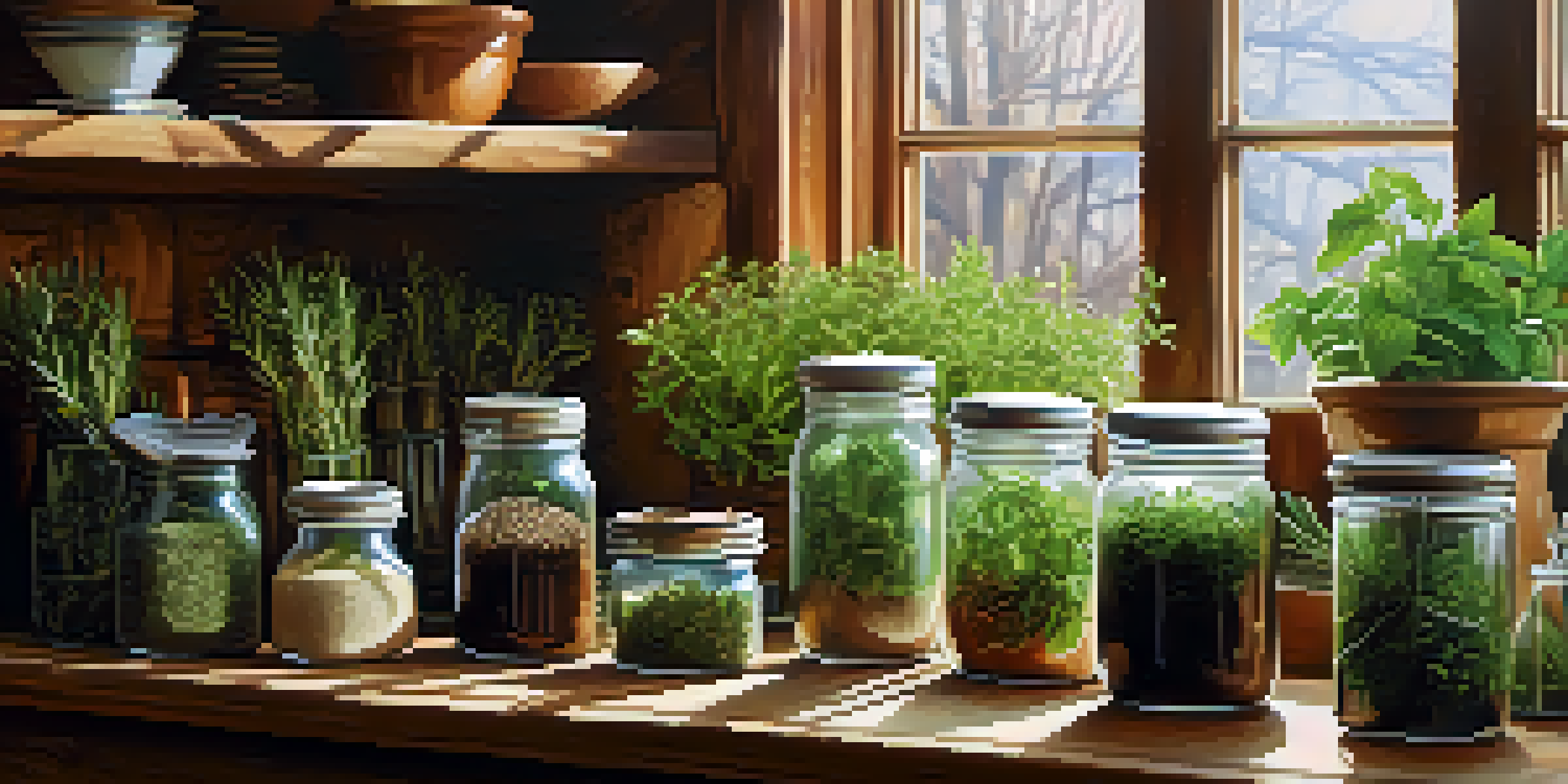 A rustic kitchen with a wooden table displaying glass jars filled with freshly harvested herbs like basil and rosemary, illuminated by sunlight from a window.