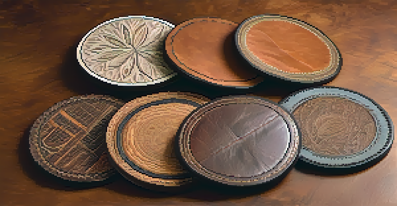 A display of colorful leather coasters with unique designs on a neutral fabric background, showcasing their craftsmanship.