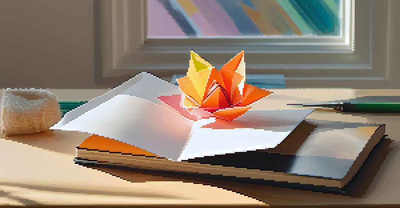 A workspace featuring colorful origami paper and a bone folder, with a finished origami flower, illuminated by warm afternoon light.