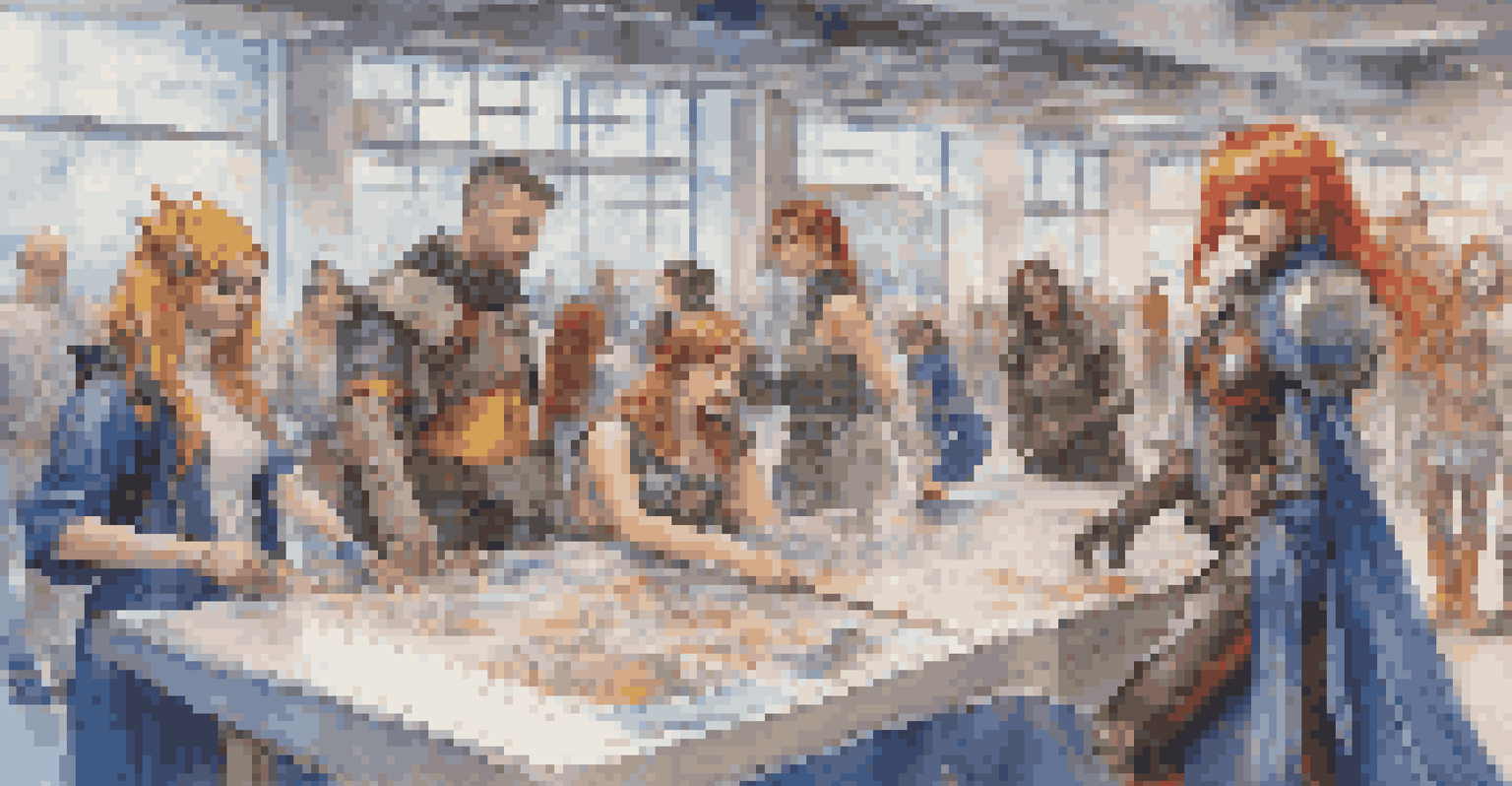 A group of cosplayers collaborating on an art piece at a cosplay event, surrounded by colorful costumes and art supplies, illuminated by natural light.