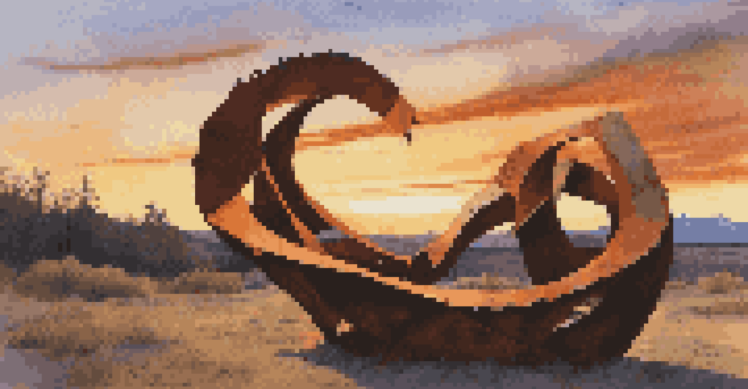A rusted metal sculpture with jagged edges set against a colorful sunset sky, showing dramatic contrasts in texture and light.