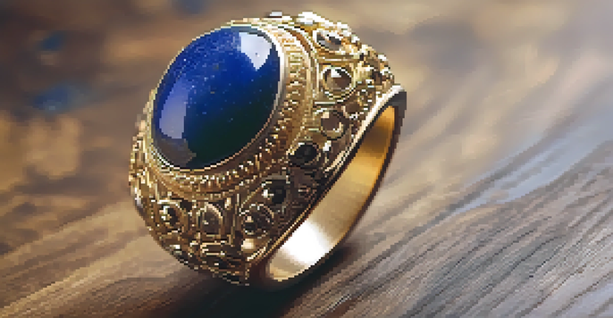 A close-up image of a unique jewelry piece made from gold, resin, and lapis lazuli, set against a softly blurred wooden background.