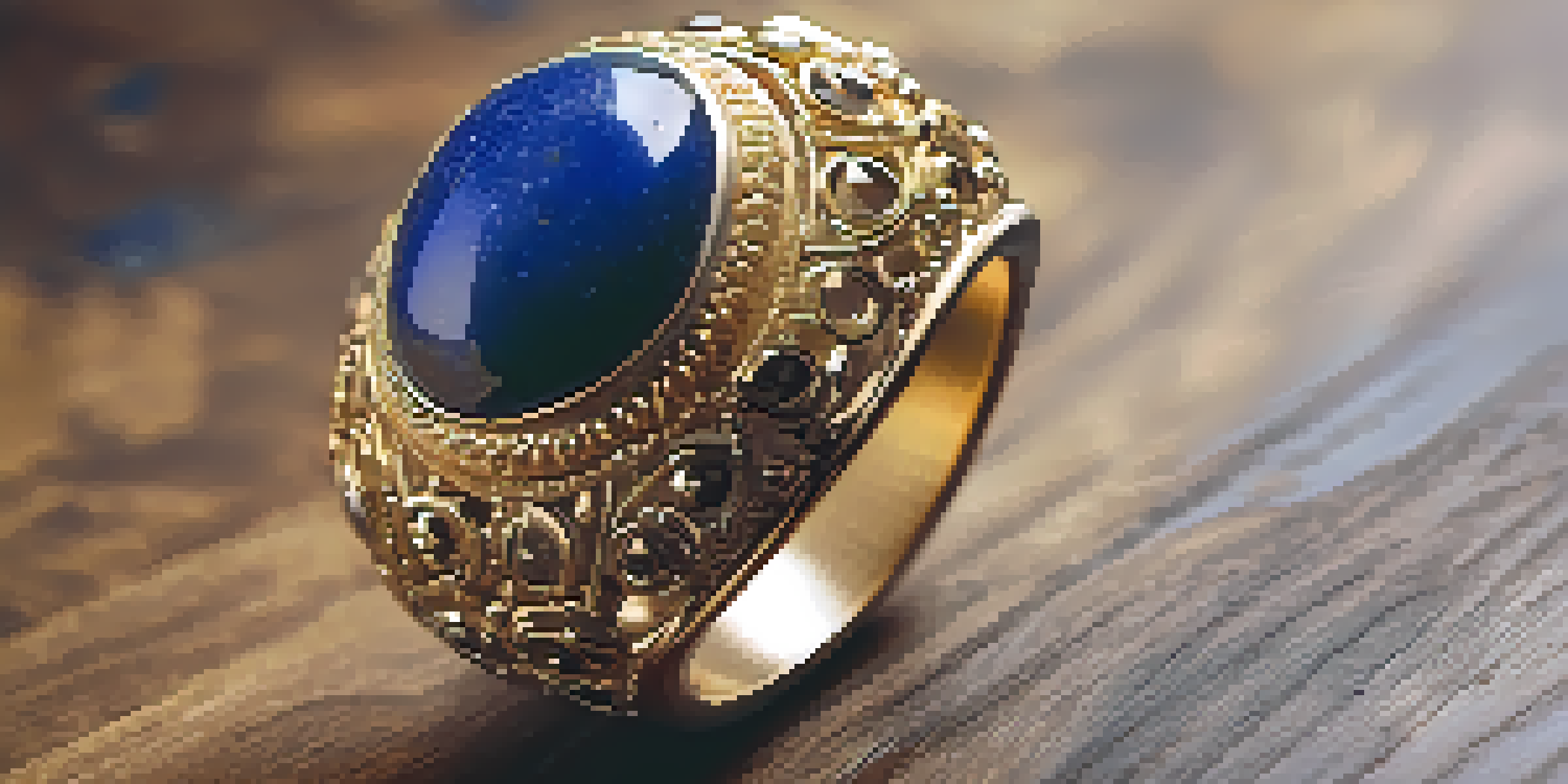 A close-up image of a unique jewelry piece made from gold, resin, and lapis lazuli, set against a softly blurred wooden background.