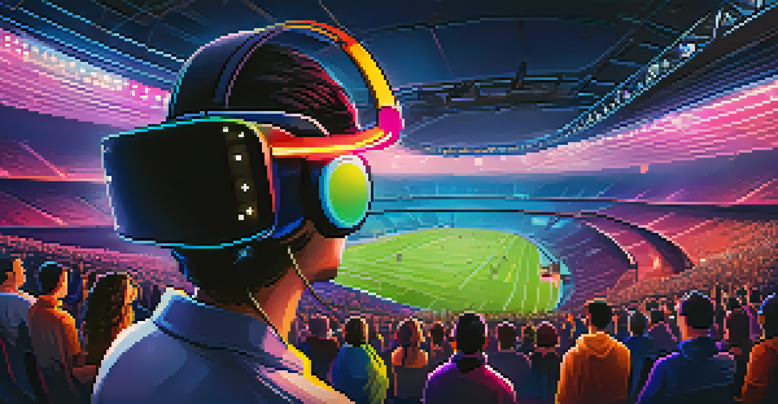 A vibrant stadium scene with fans wearing VR headsets, engaging with a live sports event in a colorful and lively environment.