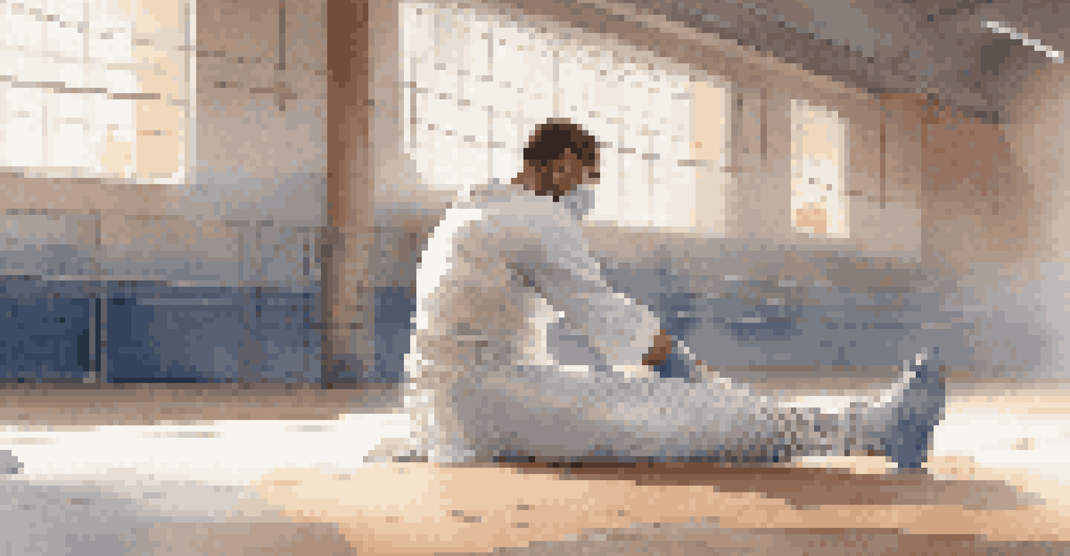 A fencer cooling down on the gym floor, stretching their legs with a towel over their shoulder and a water bottle nearby.