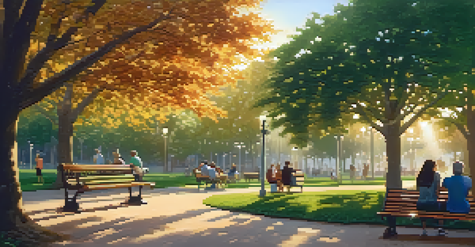 A peaceful park scene with a local resident sharing stories with visitors, surrounded by lush greenery and a golden sunset.