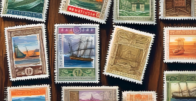 A colorful collection of postage stamps on a wooden table, showcasing intricate designs and textures in soft natural light.