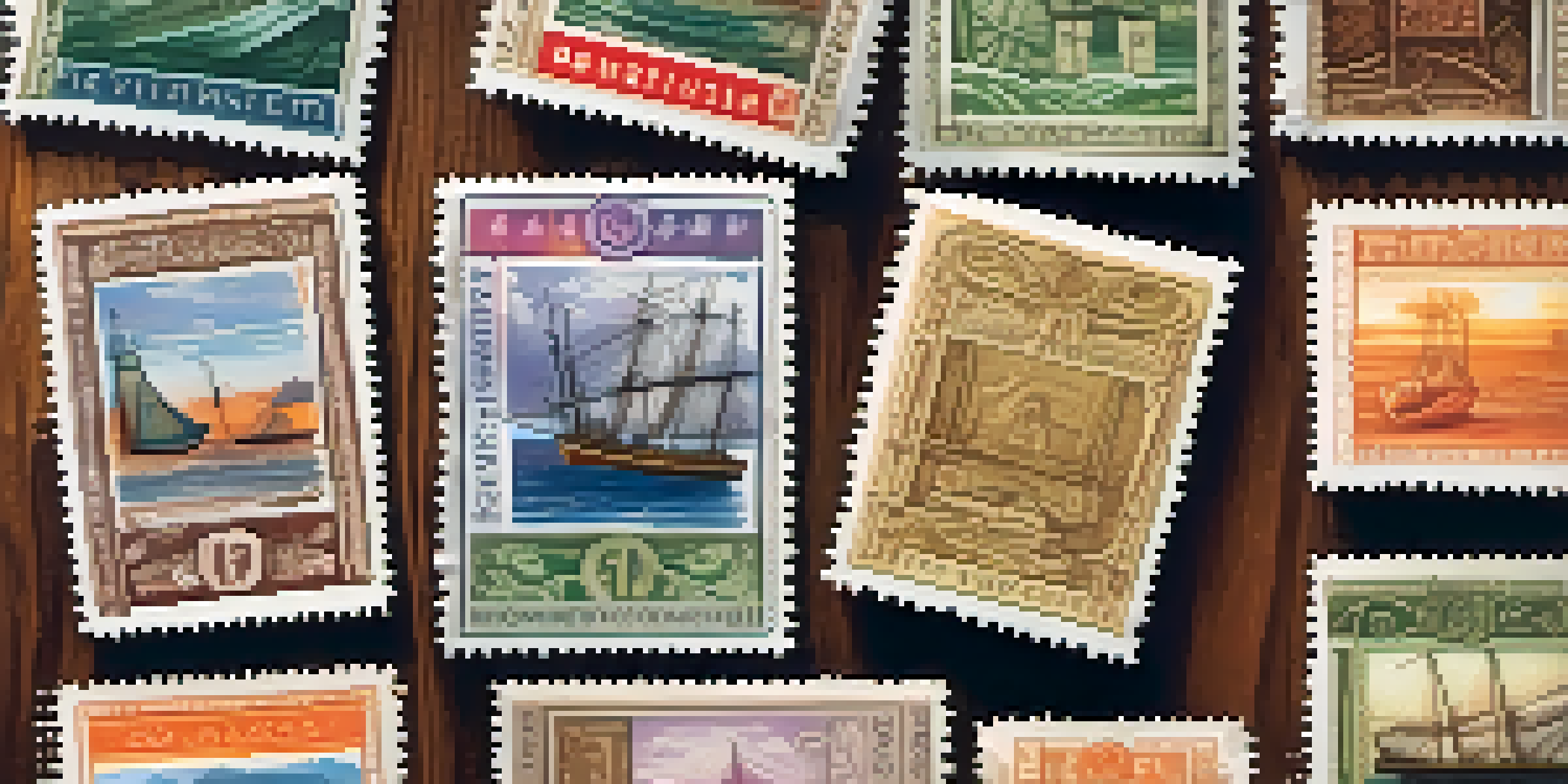 A colorful collection of postage stamps on a wooden table, showcasing intricate designs and textures in soft natural light.