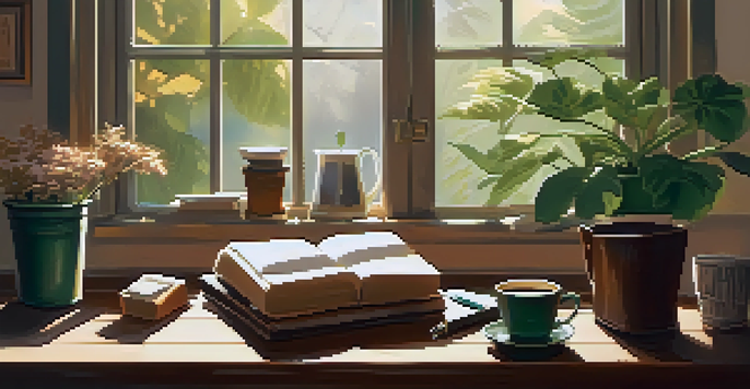 A cozy workspace with a wooden desk, a notepad with ideas, potted plants, and a cup of coffee by a sunny window.