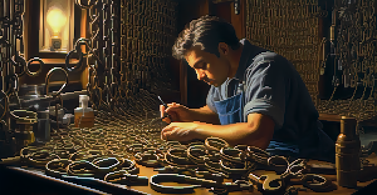 An escape artist focused on unlocking a complex lock in a dimly lit room filled with various escape props.