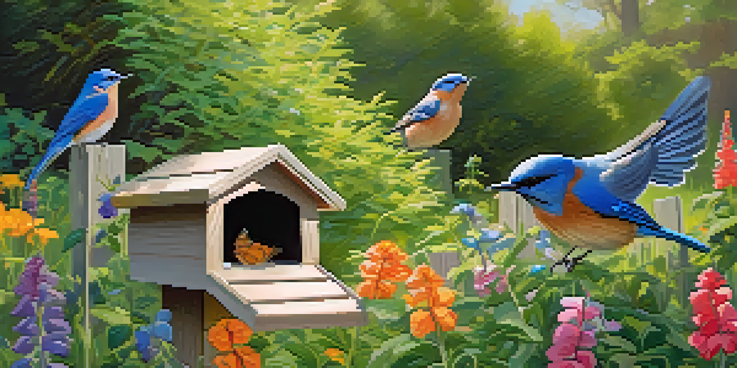 A peaceful garden with a wooden nesting box surrounded by greenery and flowers, with bluebirds perched on it and butterflies flying around.