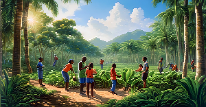 A diverse group of volunteers in a tropical setting, planting trees together with smiles and a sunny background.