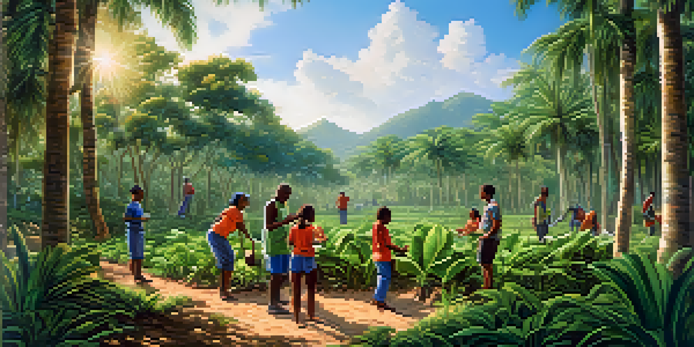 A diverse group of volunteers in a tropical setting, planting trees together with smiles and a sunny background.