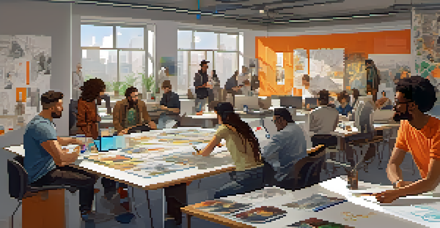A collaborative studio environment with indie game developers discussing ideas and surrounded by concept art and prototypes.