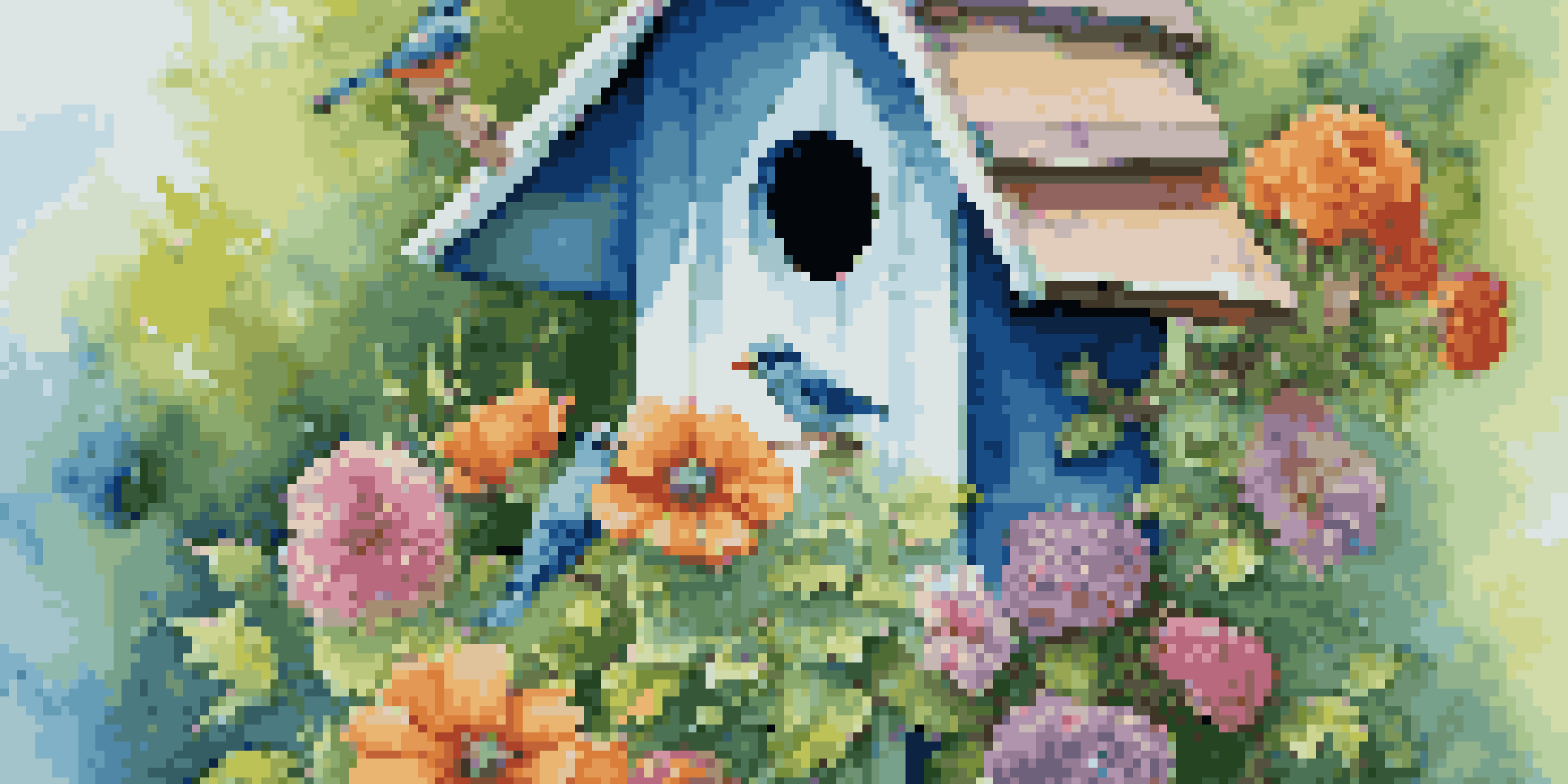 A colorful birdhouse with intricate carvings in a vibrant garden filled with flowers and greenery.