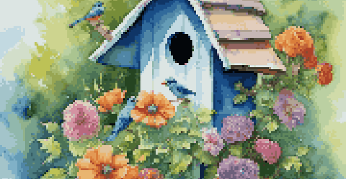 A colorful birdhouse with intricate carvings in a vibrant garden filled with flowers and greenery.
