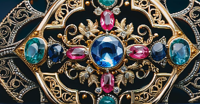 A detailed close-up of a vintage brooch with intricate designs and sparkling stones on a soft velvet background.